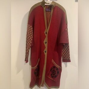 Susan Summa cotton handmade/machine knit sweater coat: burgundy, olive green blk